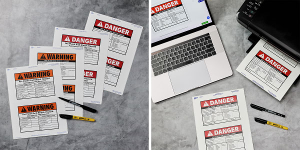 Two images side by side show examples of custom arc flash labels printed on Avery labels. The image on the right side shows several sheets of warning and danger labels for arc flash and shock hazards. The image on the left side shows a laptop with a screen open to Avery Design and Print Online free software next to a laser printer with labels coming out.